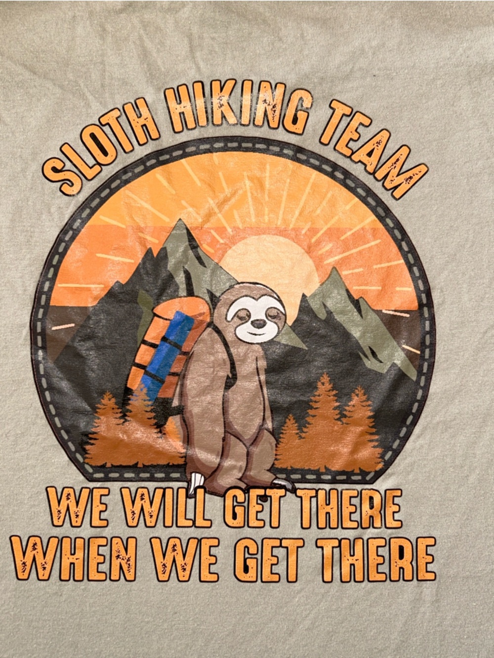 Gildan Tan Sloth Hiking Team Graphic Tee with Orange and Brown Accents